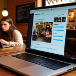 **A laptop screen dimming in a café, with concerned onlookers. Focus on battery saving mode and power settings being the potential cause.**