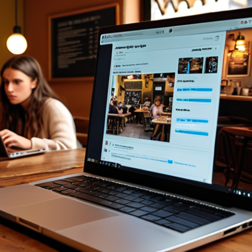 **A laptop screen dimming in a café, with concerned onlookers. Focus on battery saving mode and power settings being the potential cause.**