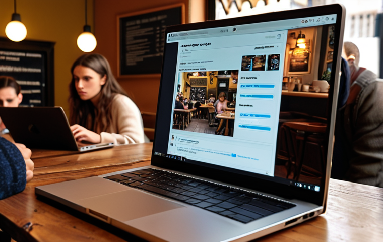 **A laptop screen dimming in a café, with concerned onlookers. Focus on battery saving mode and power settings being the potential cause.**