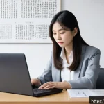 PC에서 드라이버 업데이트 오류 해결 - A modern Japanese home office setting with a young Japanese professional woman sitting at a sleek de...