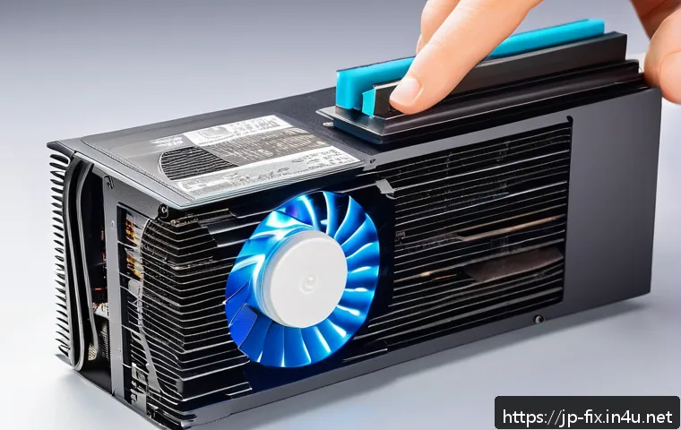 그래픽카드 팬이 멈췄을 때 점검 방법 - A detailed close-up illustration of a modern PC graphics card fan clogged with dust, pet hair, and s...