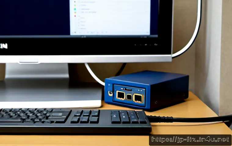 컴퓨터 저장 장치가 인식되지 않을 때 해결 - Photorealistic close-up of a Japanese home office desk, an adult carefully reconnecting a loose exte...