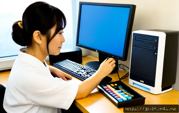 컴퓨터 메모리 오류 테스트 방법 - Photorealistic home office scene in Japan, a middle-aged Japanese woman carefully reseating two comp...