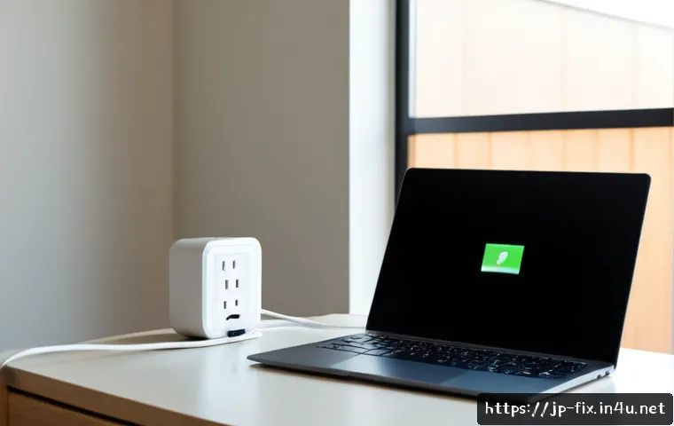 배터리가 빨리 닳는 노트북 문제 해결 - Photorealistic home office scene of a modern unbranded laptop connected to its charger beside a wall...